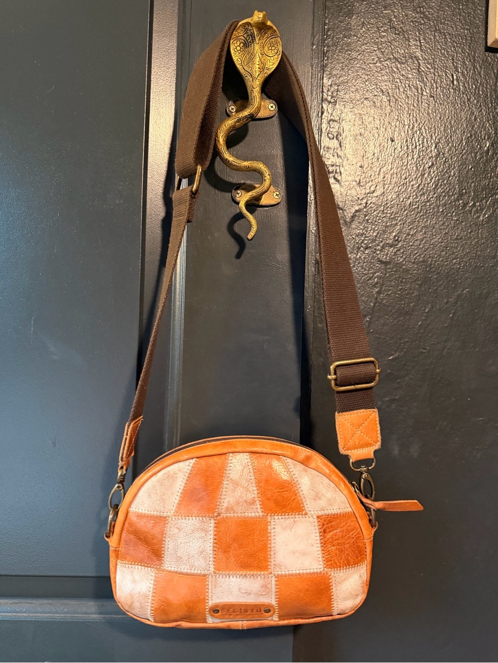 Patchwork Leather Crossbody Bag in Tan and Cream